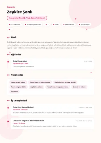 Hasta ve Yaşlı Bakım Elemanı Cv Örnekleri cv indir
